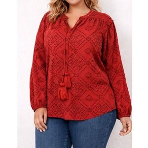Pyramid Collection Red Boho Peasant Blouse Tassel Tie Long Sleeve Size L